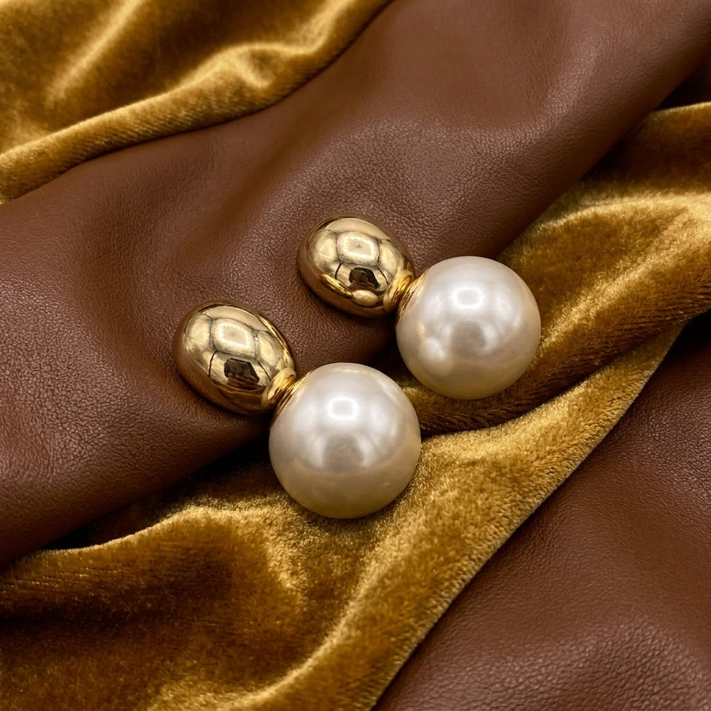 Elegant Gold & Pearl Double Ball Front-Back Stud Earrings