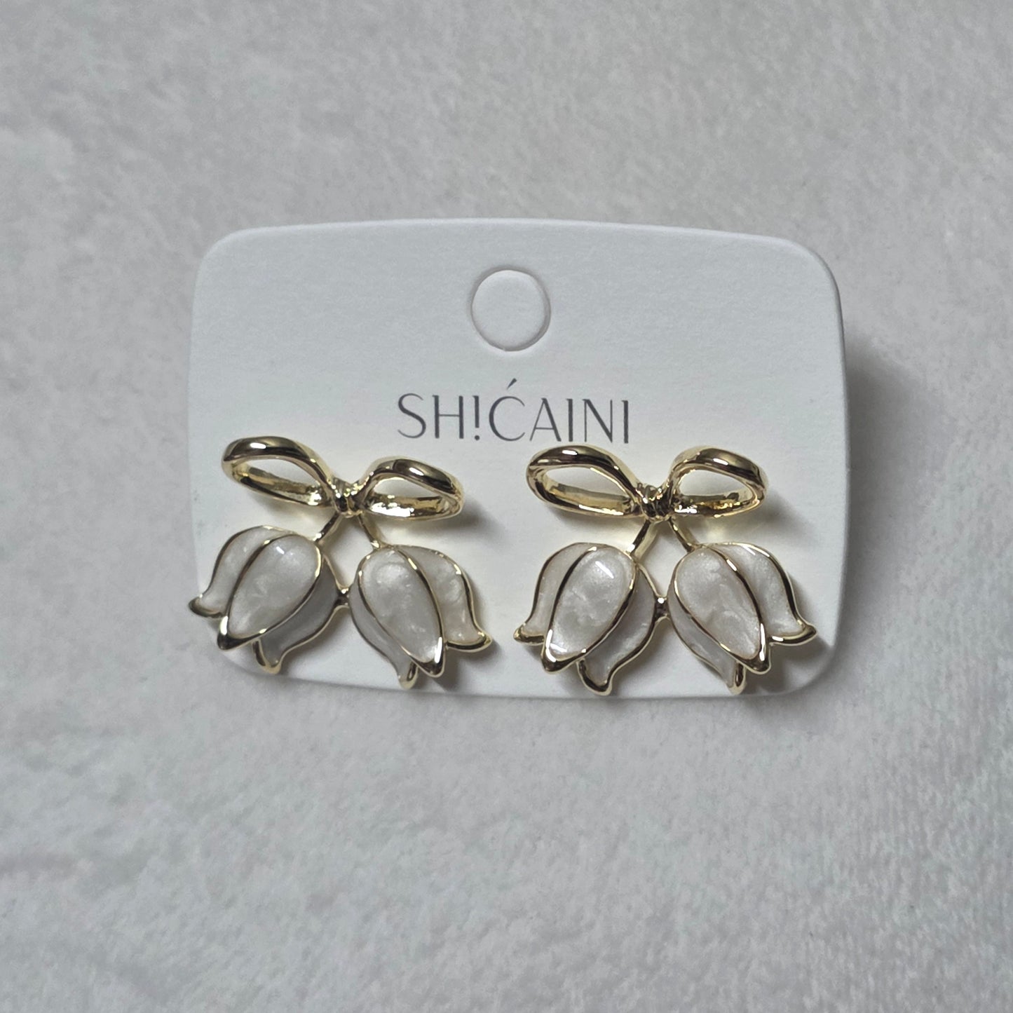 Dainty Gold Bow Stud Earrings with Pearlescent Tulips