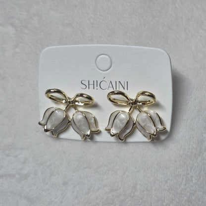 Dainty Gold Bow Stud Earrings with Pearlescent Tulips