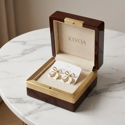 Dainty Gold Bow Stud Earrings with Pearlescent Tulips