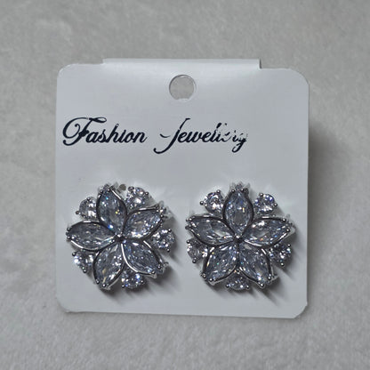 Silver Floral Cluster Stud Earrings - Sparkling Crystal Design