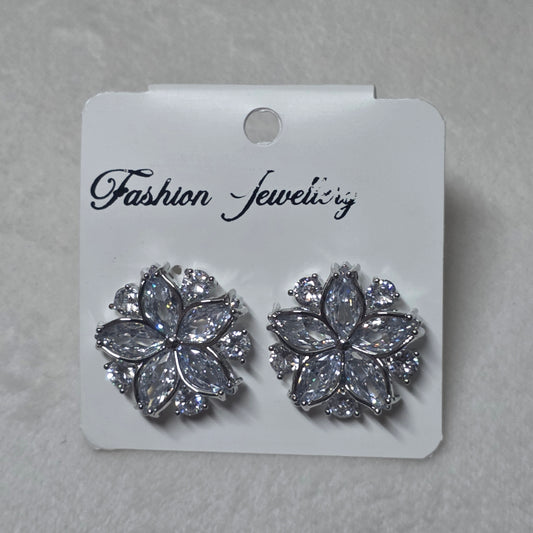 Silver Floral Cluster Stud Earrings - Sparkling Crystal Design