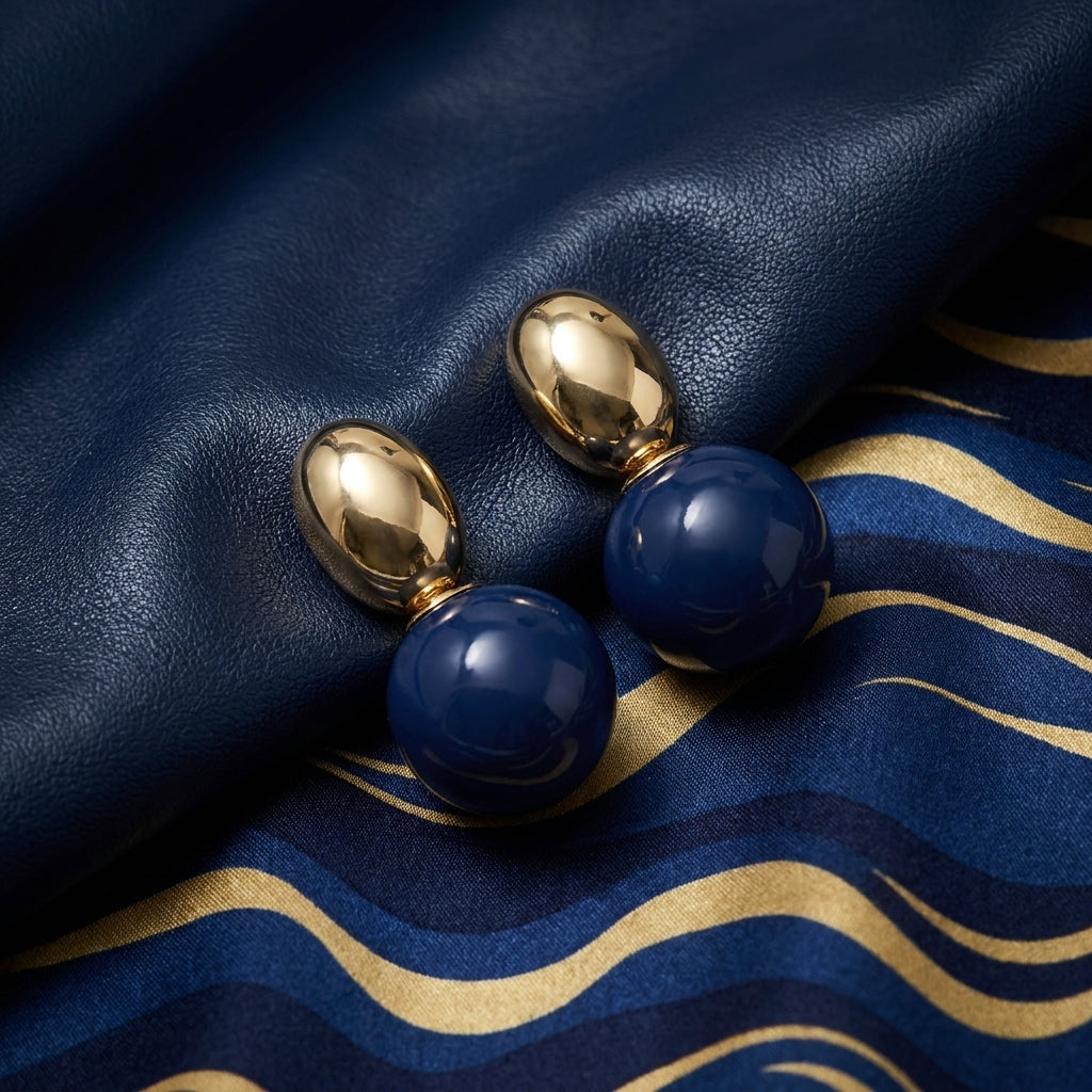 Bold Navy Blue & Polished Gold Statement Drop Earrings