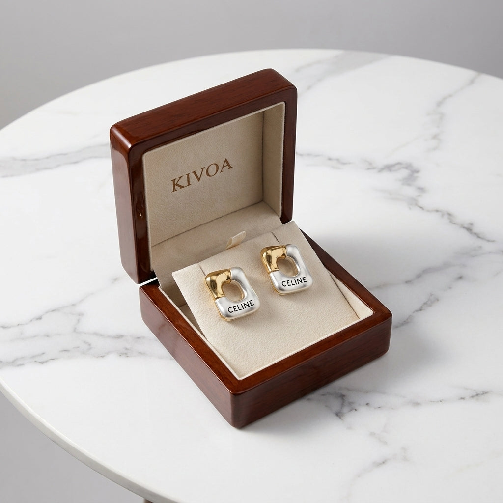 Celine Logo Two-Tone Geometric Stud Earrings