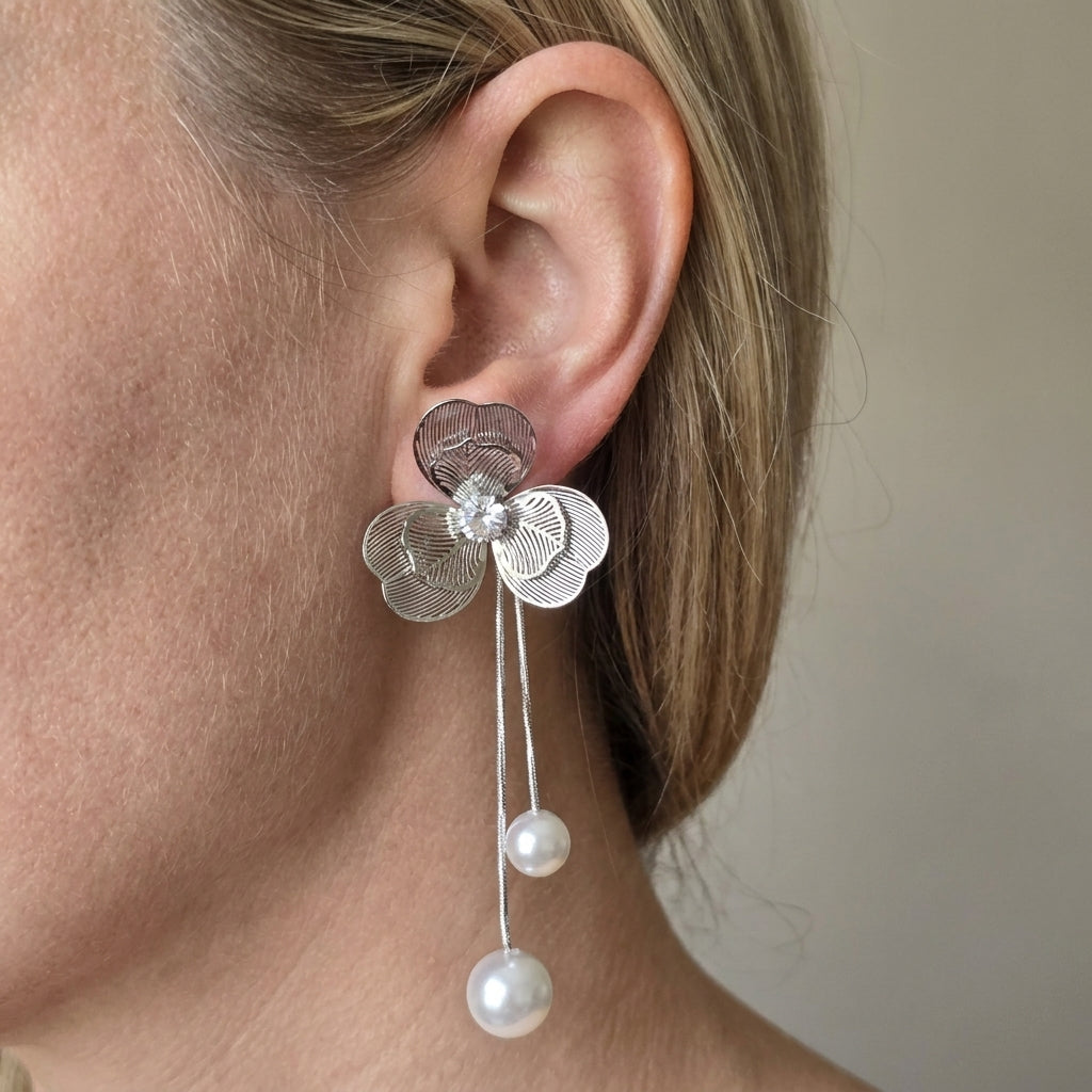 Contemporary Silver Clover Earrings with Elegant Pearl Chain Drops