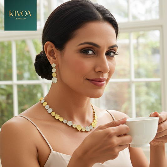 KIVOA Two-Tone Pave Clover Link Statement Necklace