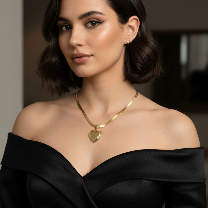 Polished Gold Faceted Heart Pendant on Sleek Herringbone Necklace