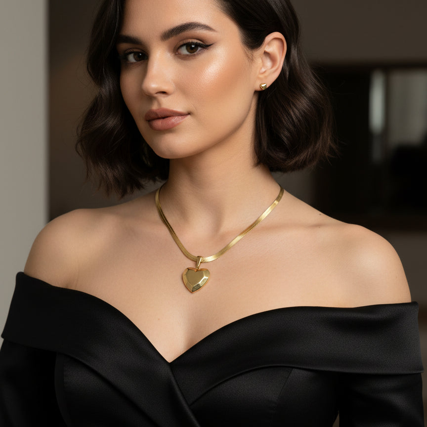Golden Heart Locket Herringbone Necklace