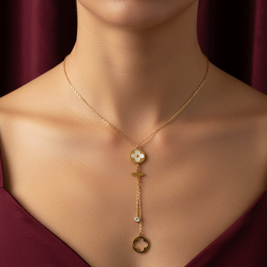 Elegant Gold Clover Lariat Necklace