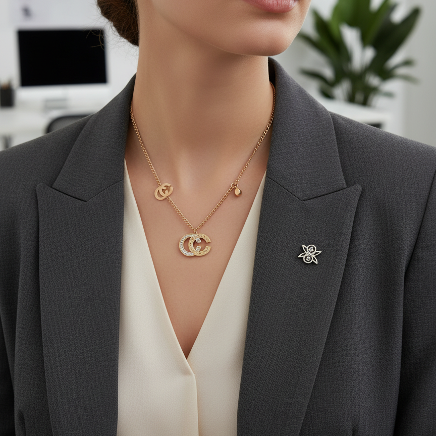 Luxurious Gold Interlocking C Pendant Necklace with Crystal Detail