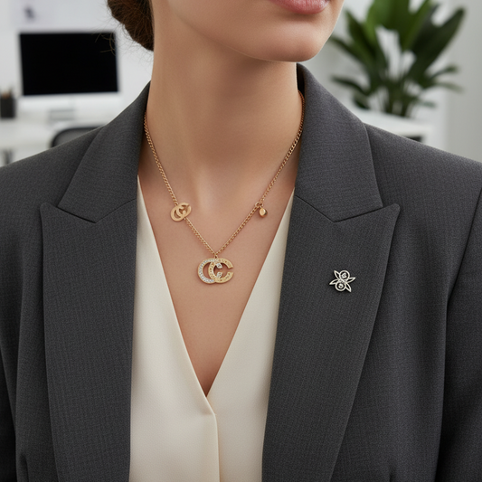 Luxurious Gold Interlocking C Pendant Necklace with Crystal Detail