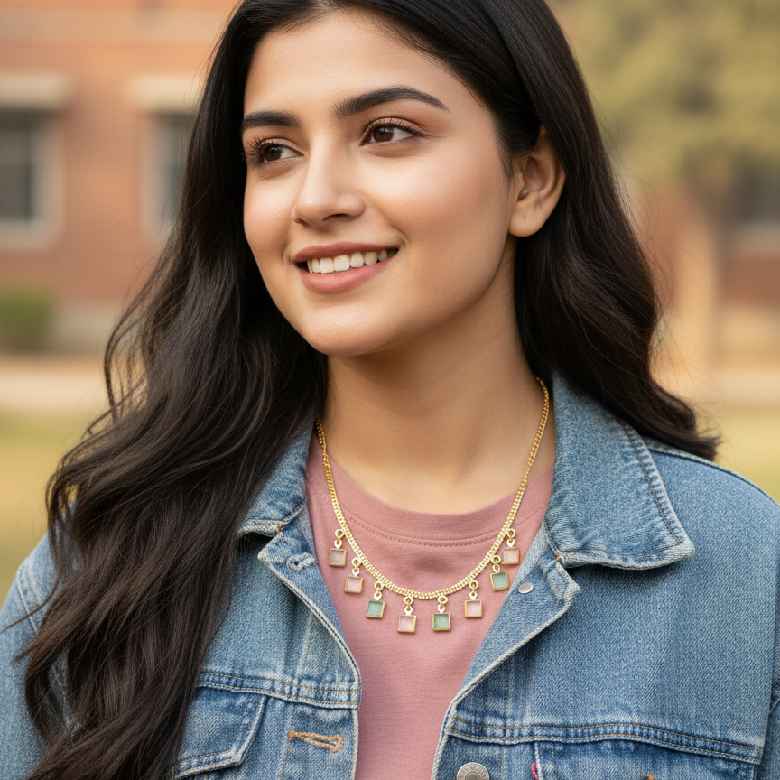 Gold-Plated Necklace with Pastel Square Stone Drops