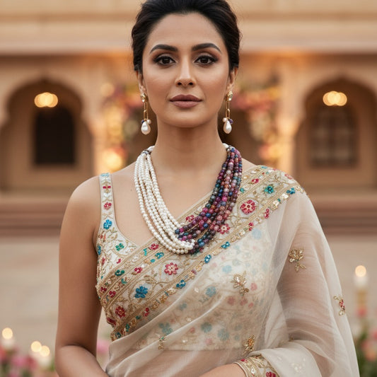 Multi-Layer Pearl & Gemstone Bead Statement Mala Necklace