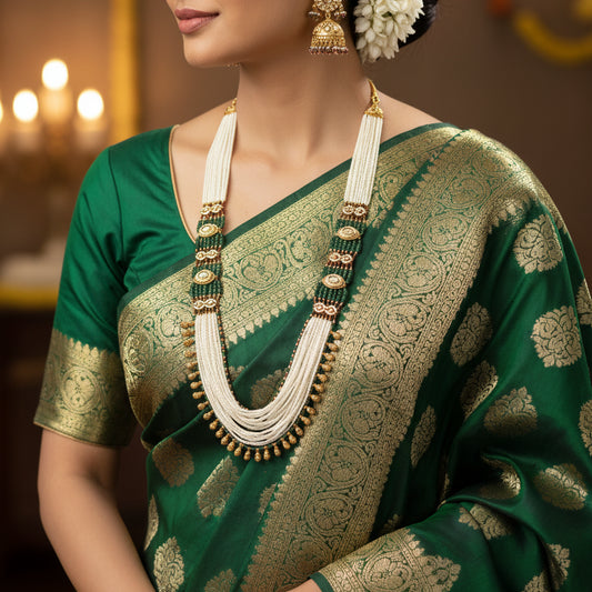 Emerald Pearl Gold Plated Layered Necklace Set - Traditional Indian Bridal Jewelry