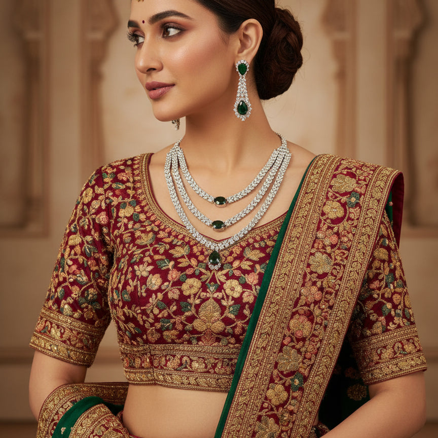 Emerald Diamond Tiered Bridal Necklace Set