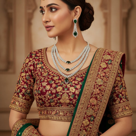 Emerald Diamond Tiered Bridal Necklace Set