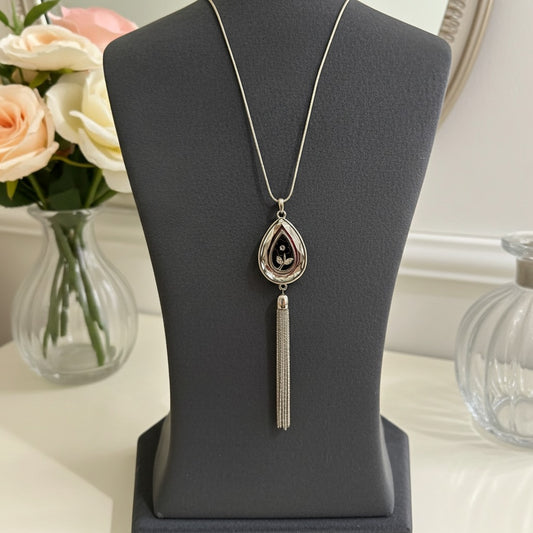 Long Silver Teardrop Tassel Necklace with Floral Accent