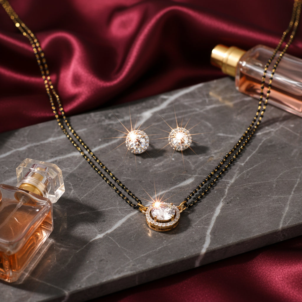 Elegant Diamond Mangalsutra Necklace & Stud Earrings Set - Traditional Indian Jewelry