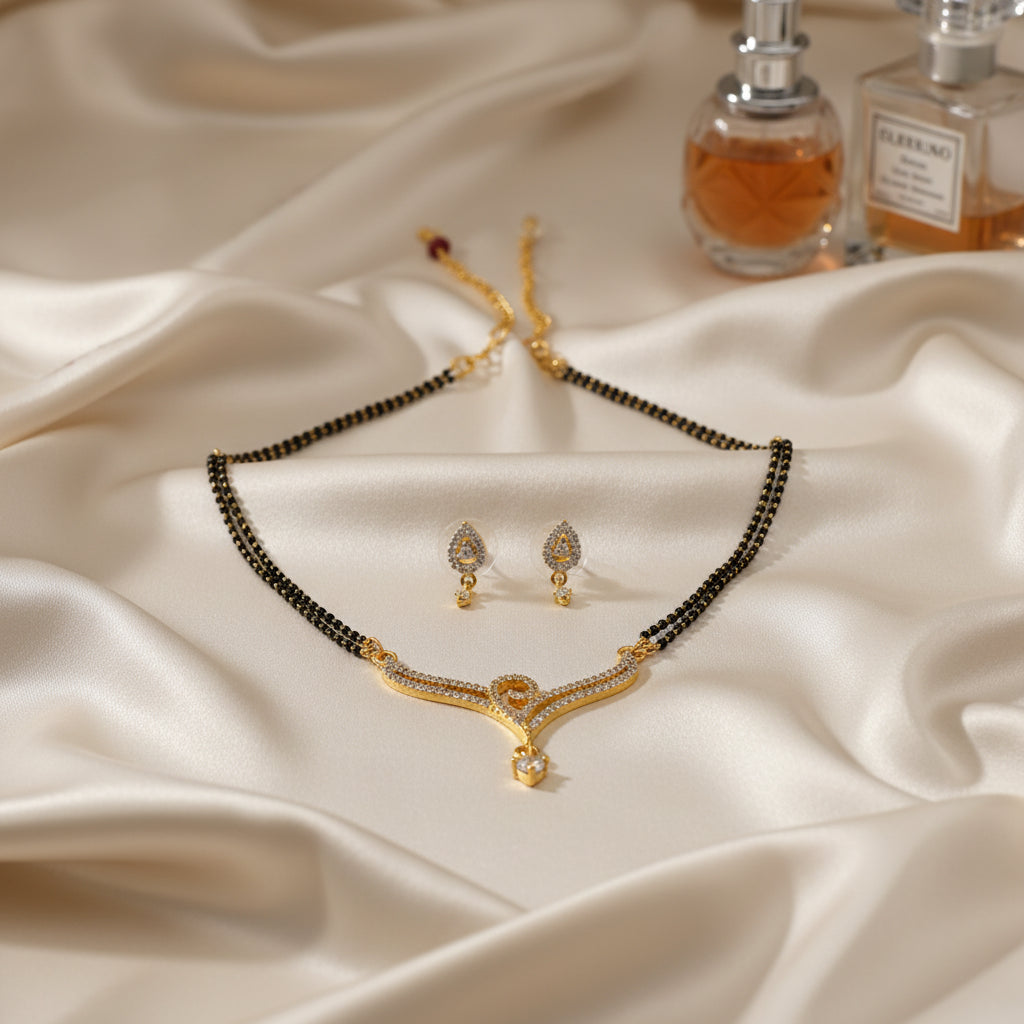 Gold-Plated Mangalsutra & Earring Set with Cubic Zirconia - Traditional Indian Jewelry