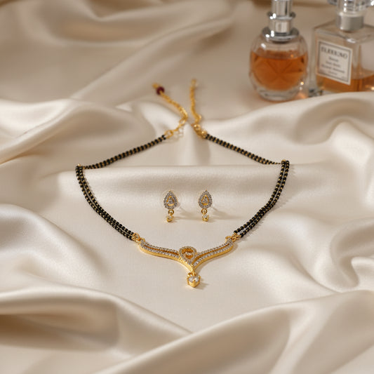 Gold-Plated Mangalsutra & Earring Set with Cubic Zirconia - Traditional Indian Jewelry