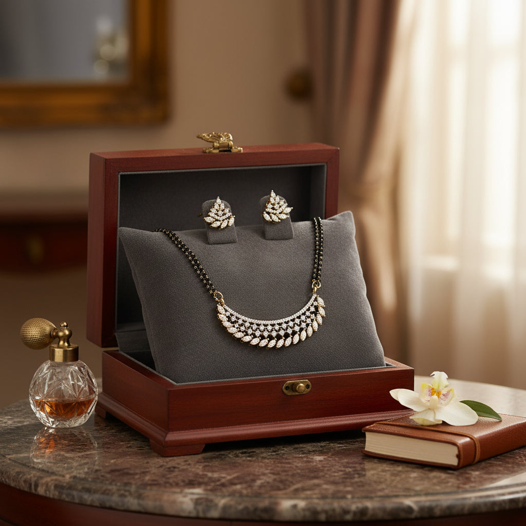 Elegant Gold & Diamond Mangalsutra Set with Earrings - Traditional Indian Jewelry