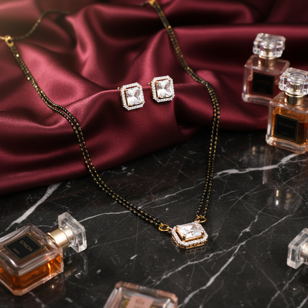 Elegant Black Beaded Mangalsutra & Stud Earring Set - Gold Plated, Square Zirconia