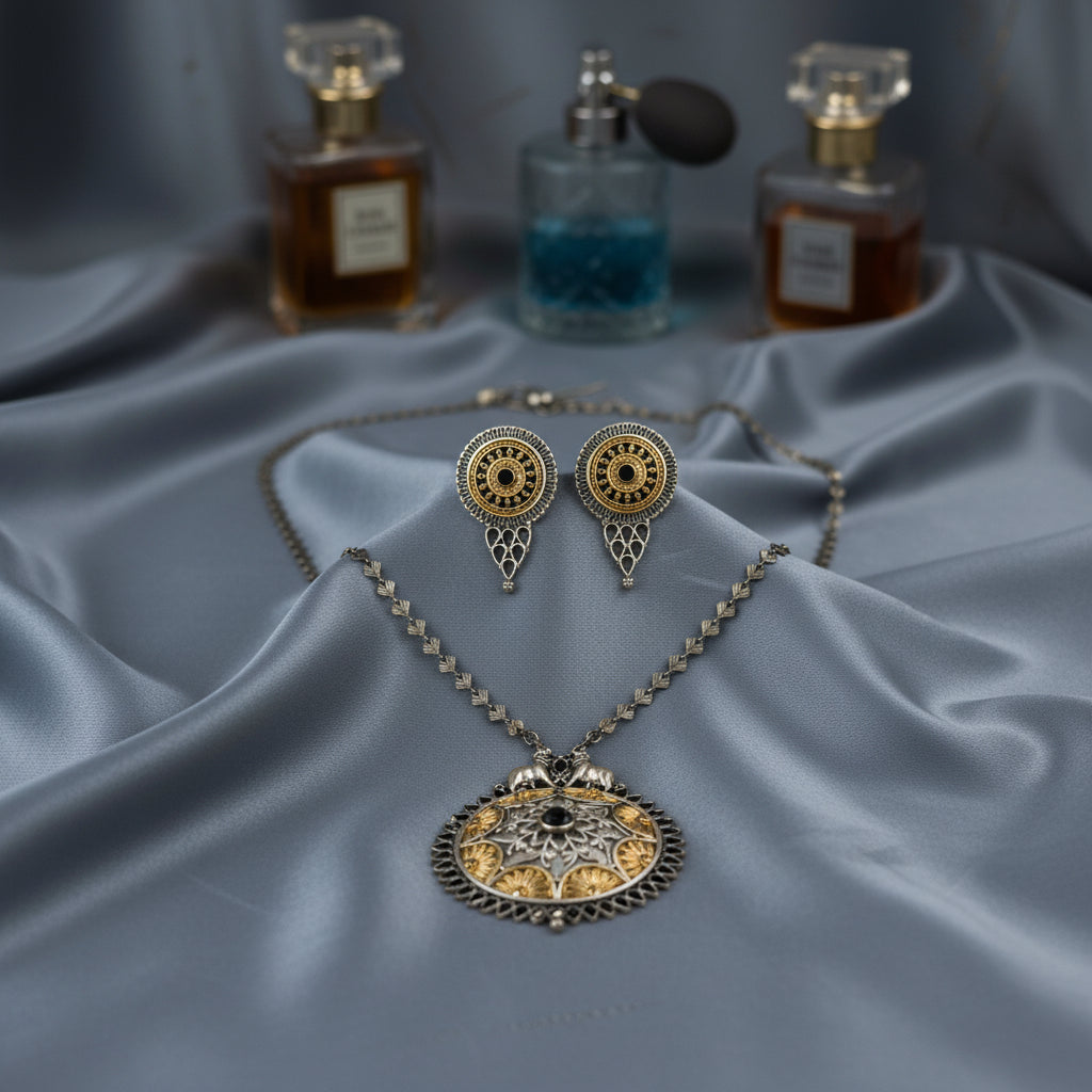 Oxidized Gold & Silver Plated Indian Ethnic Necklace & Earring Set - Traditional Jewelry