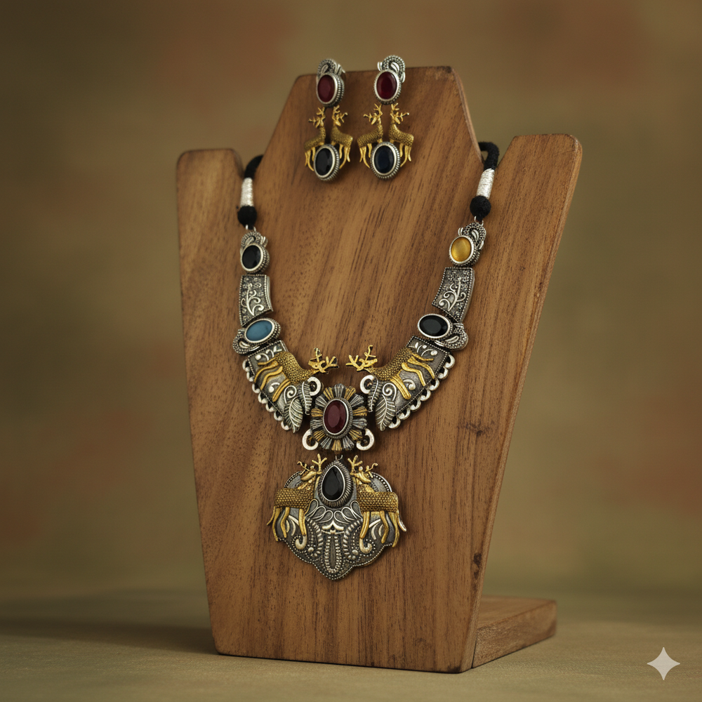 Oxidized Dual-Tone Temple Jewelry Necklace Set with Gemstones - Ethnic Indian Design