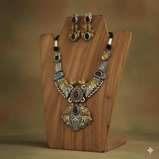 Oxidized Dual-Tone Temple Jewelry Necklace Set with Gemstones - Ethnic Indian Design