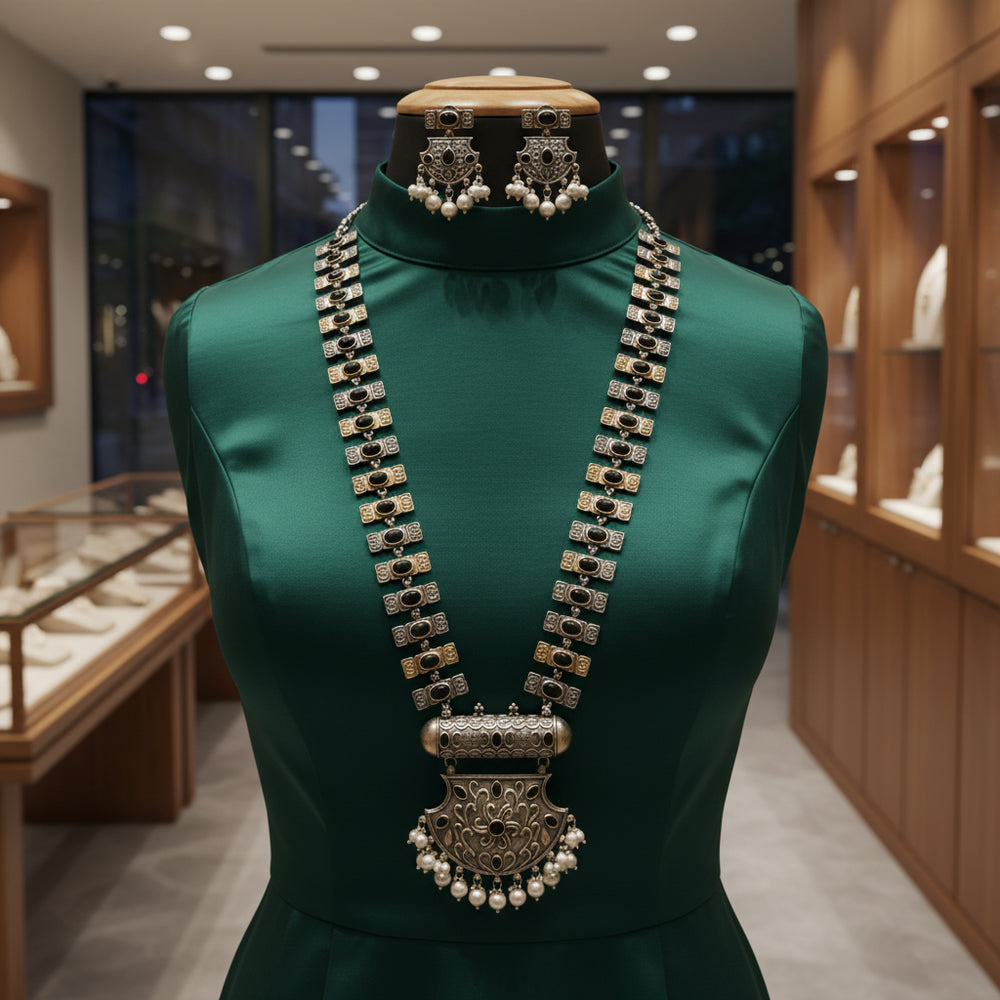 Oxidized Silver & Pearl Long Necklace Set - Ethnic & Handcrafted Jewelry
