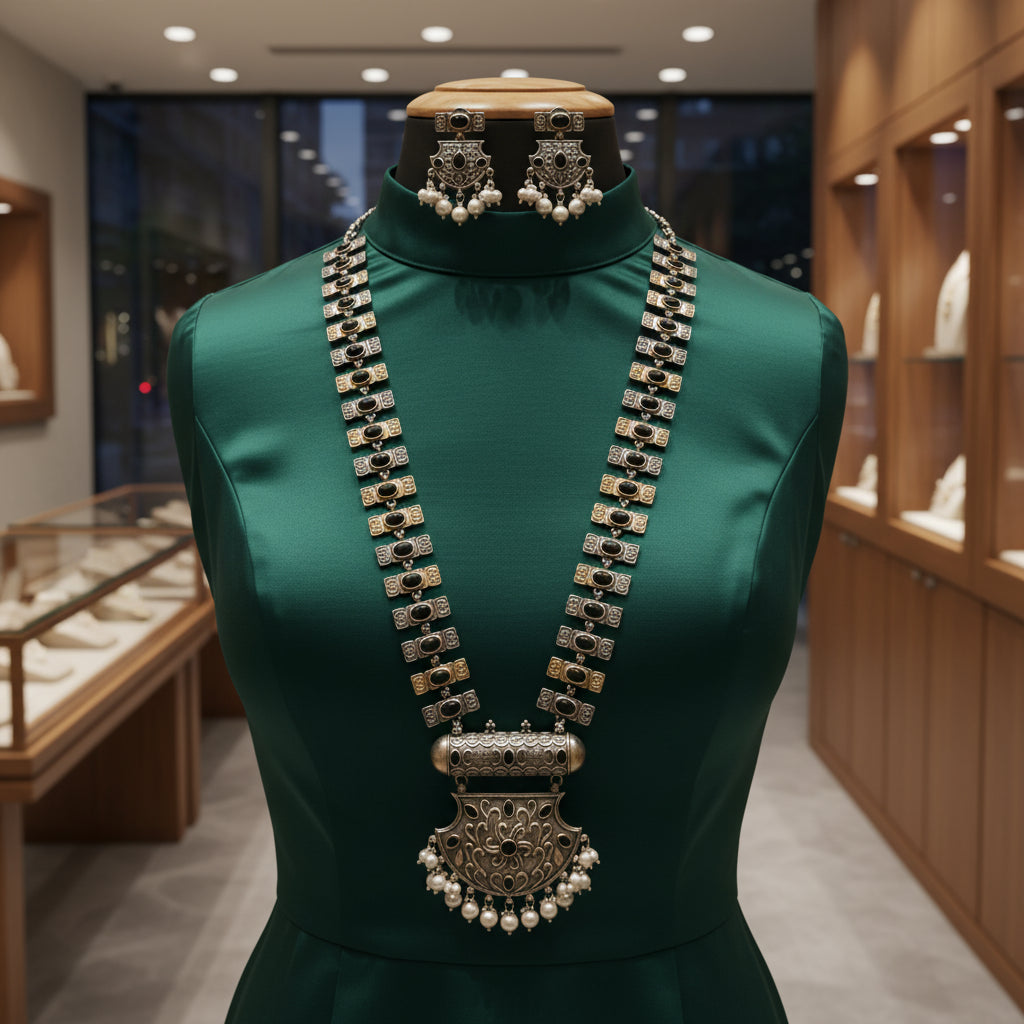 Oxidized Silver & Pearl Long Necklace Set - Ethnic & Handcrafted Jewelry