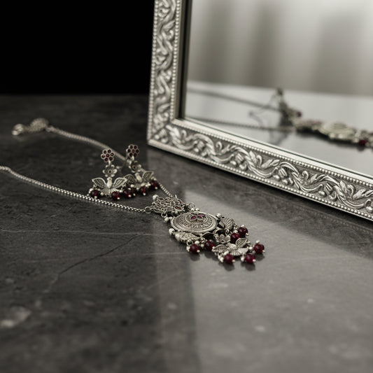 Oxidized Silver-Plated Ruby Red Stone Necklace & Earring Set - Ethnic Indian Jewelry