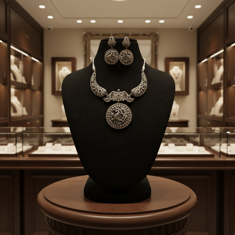 Exquisite Oxidized Silver Peacock Necklace & Earring Set - Traditional Indian Jewelry