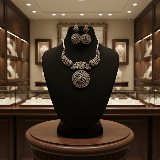 Exquisite Oxidized Silver Peacock Necklace & Earring Set - Traditional Indian Jewelry