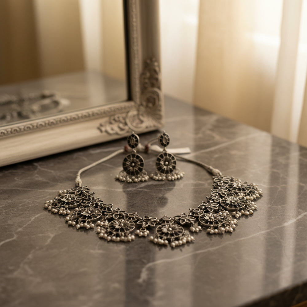 Oxidized Silver-Plated Indian Necklace & Earring Set - Ethnic Boho Jewelry