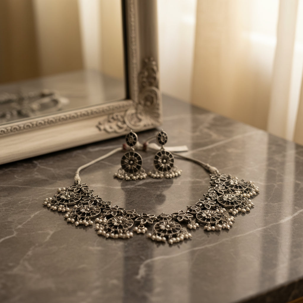 Oxidized Silver-Plated Indian Necklace & Earring Set - Ethnic Boho Jewelry