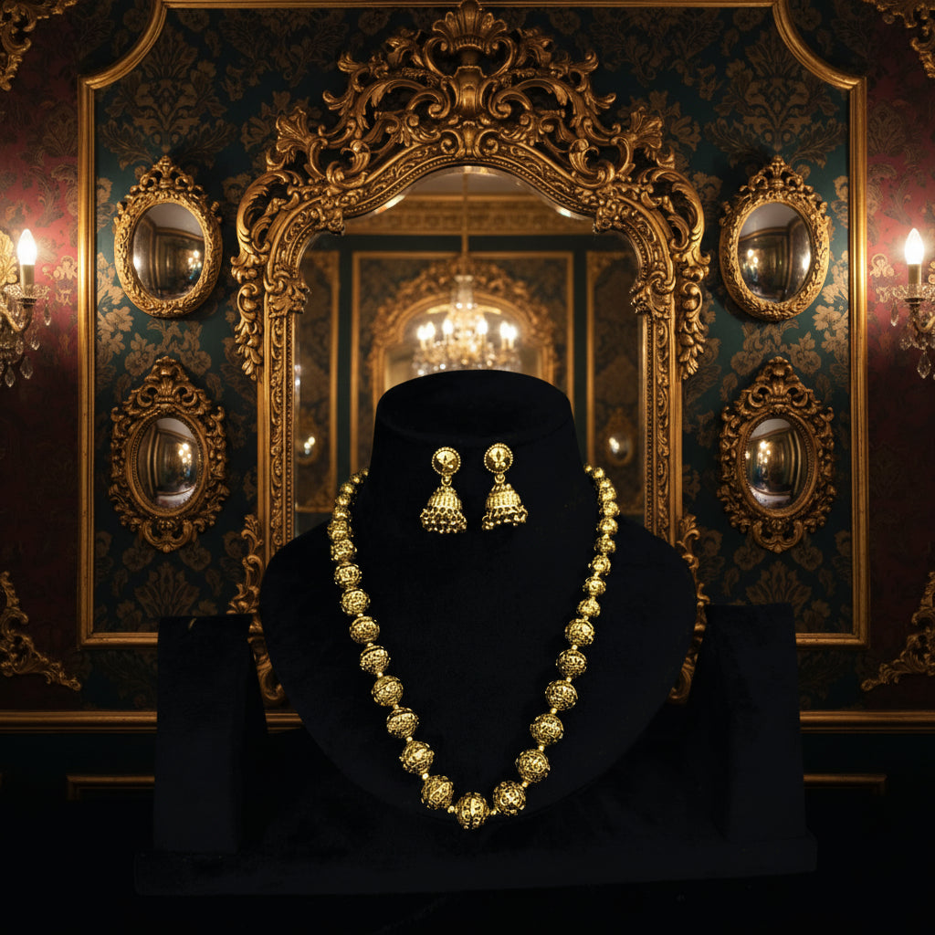 Elegant 22K Gold Plated Beaded Necklace & Jhumka Earring Set - Traditional Indian Jewelry