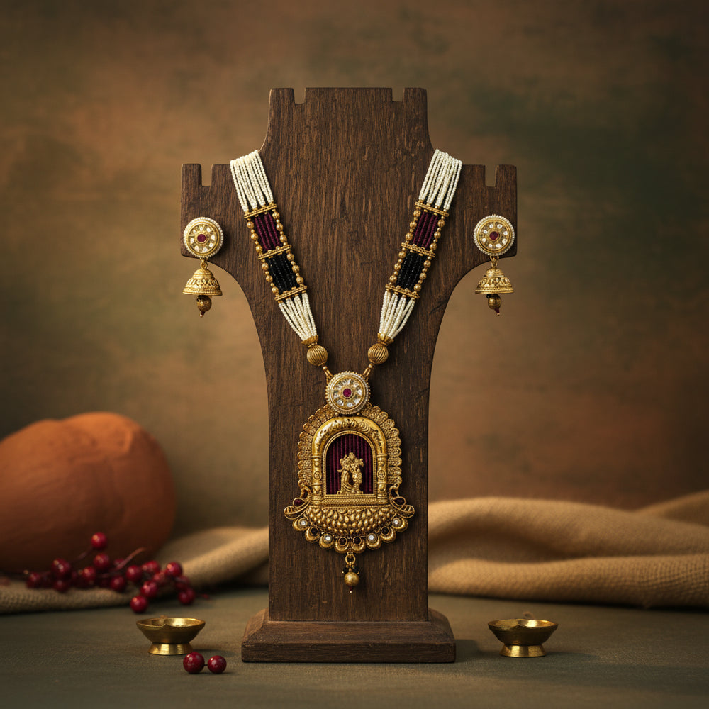 Traditional Indian Temple Jewelry Set - Gold Plated Necklace & Earrings