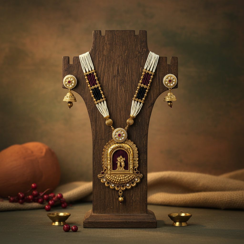 Traditional Indian Temple Jewelry Set - Gold Plated Necklace & Earrings