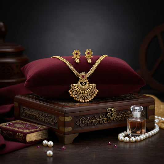 Ethnic Gold Plated Ruby Necklace & Earrings Set - Traditional Indian Jewelry