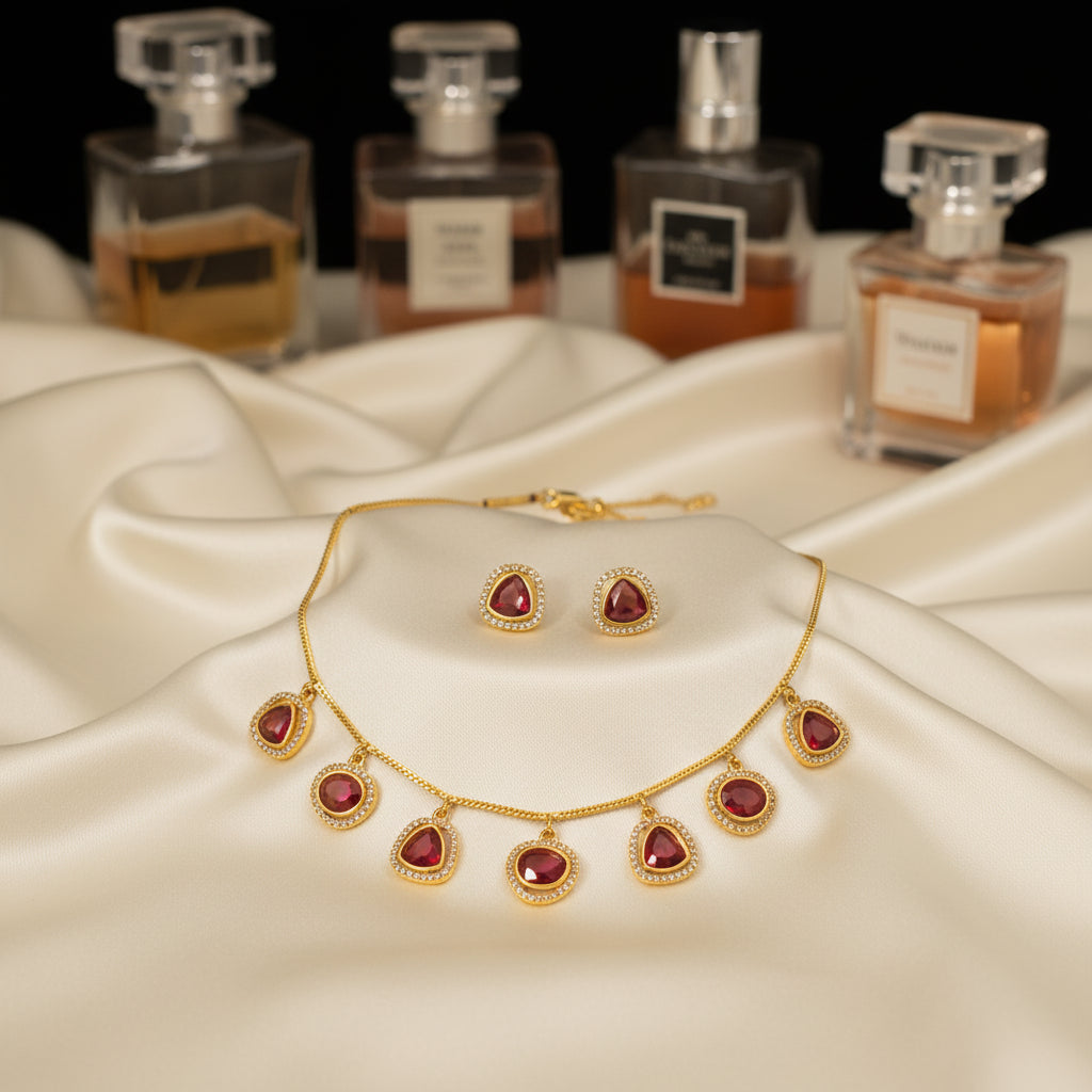 Ruby & Diamond Simulant Gold-Plated Necklace & Earring Set - Elegant Everyday Jewelry