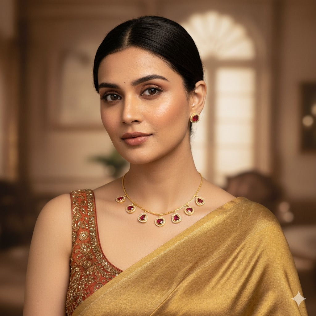 Ruby & Diamond Simulant Gold-Plated Necklace & Earring Set - Elegant Everyday Jewelry