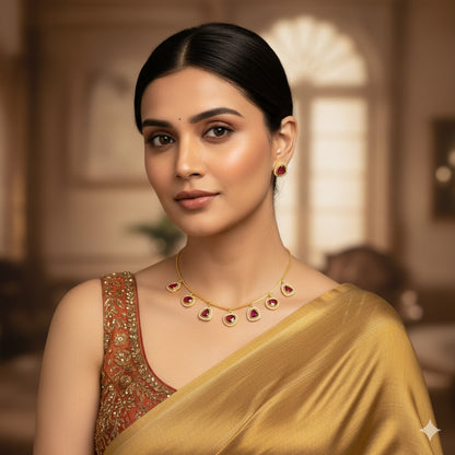 Ruby & Diamond Simulant Gold-Plated Necklace & Earring Set - Elegant Everyday Jewelry