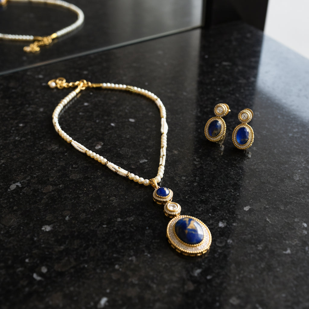Lapis Lazuli & Pearl Gold Plated Necklace & Earring Set - Handcrafted Artisan Jewelry