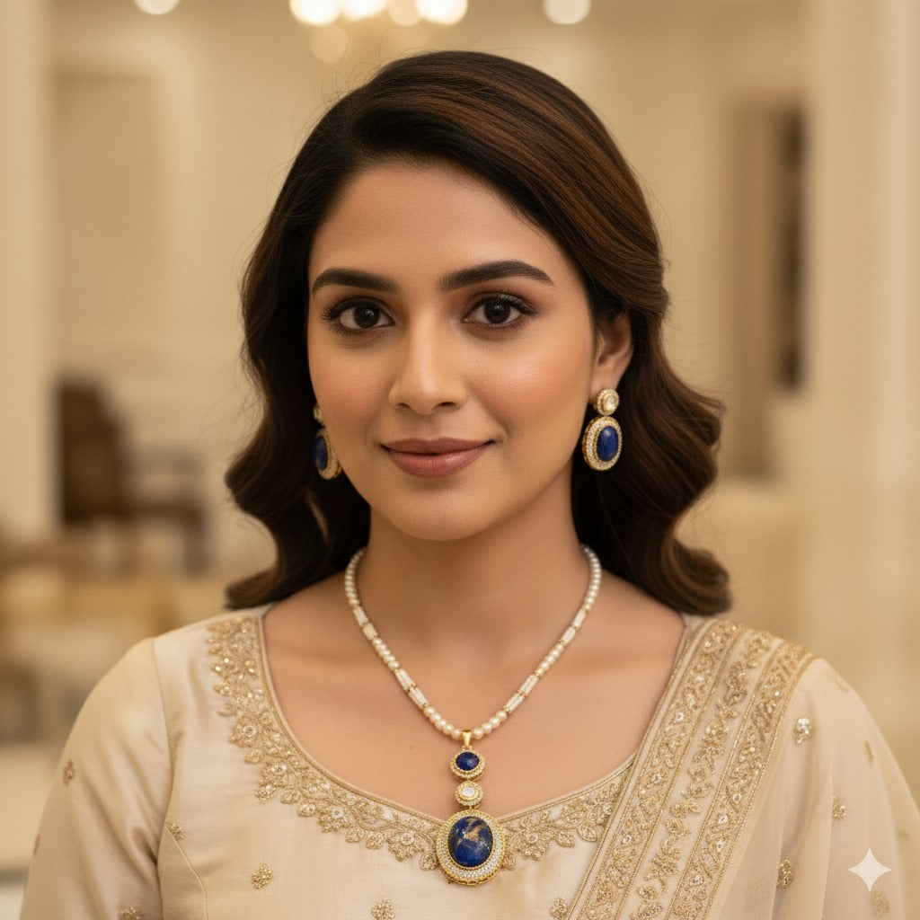 Lapis Lazuli & Pearl Gold Plated Necklace & Earring Set - Handcrafted Artisan Jewelry