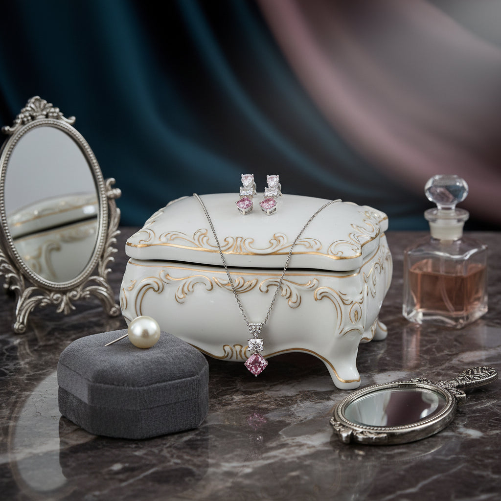 Elegant Pink Cubic Zirconia Necklace & Earring Set - Sterling Silver Jewelry Box Gift