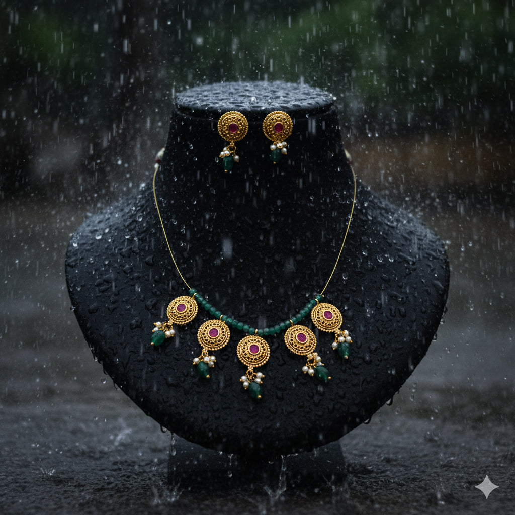 Ethnic Gold Plated Ruby & Emerald Choker Necklace Set with Earrings