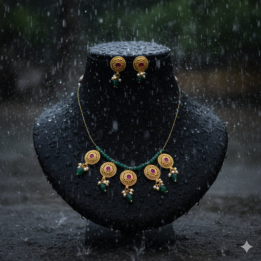 Ethnic Gold Plated Ruby & Emerald Choker Necklace Set with Earrings