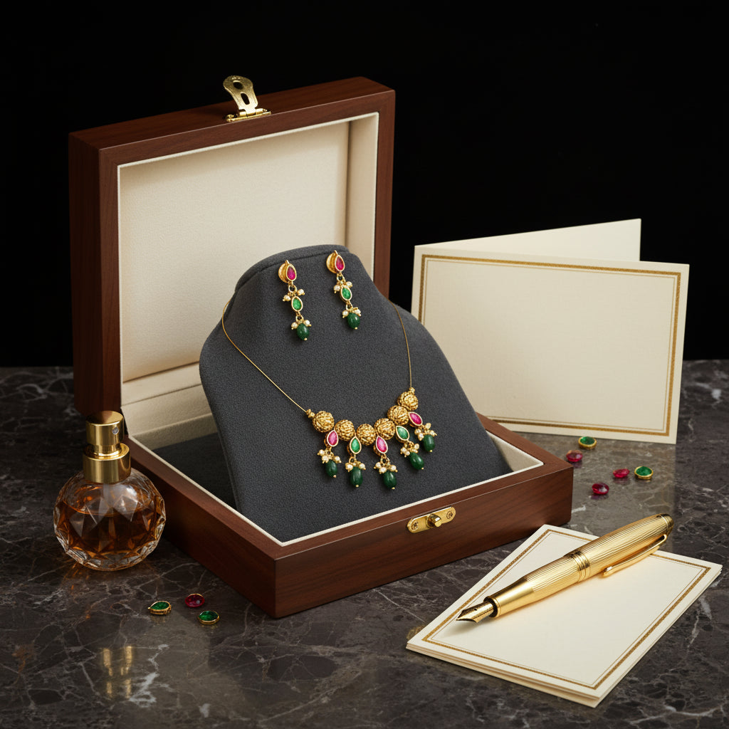 Emerald & Ruby Gold Plated Necklace Set with Earrings - Traditional Indian Jewelry