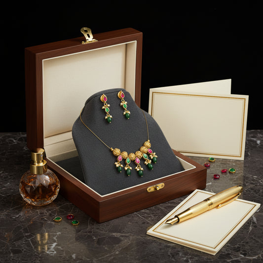 Emerald & Ruby Gold Plated Necklace Set with Earrings - Traditional Indian Jewelry